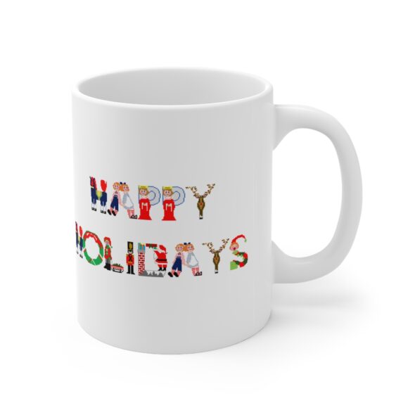 White 11 ounce mug with text ‘Happy Holidays’ in colourful Christmas themed lettering