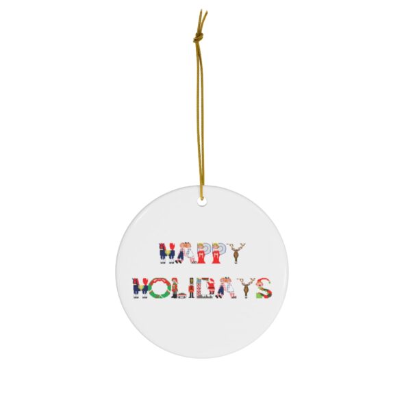 White ceramic ornament with text ‘Happy Holidays’ in colourful Christmas themed lettering, with gold hanging loop