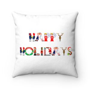 White faux suede cushion with text ‘Happy Holidays’ in colourful Christmas themed lettering