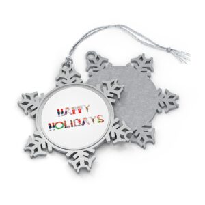 Silver-toned snowflake ornament with white insert with text ‘Happy Holidays’ in colourful Christmas themed lettering, with silver hanging loop