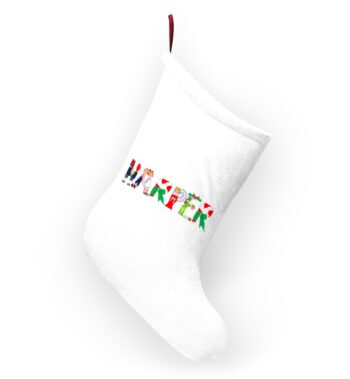 White stocking with text ‘Harper’ in colourful Christmas themed lettering, with red hanging loop
