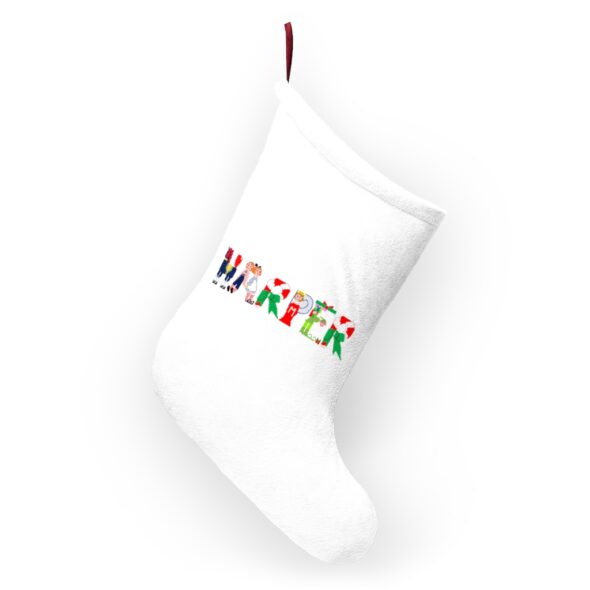 White stocking with text ‘Harper’ in colourful Christmas themed lettering, with red hanging loop