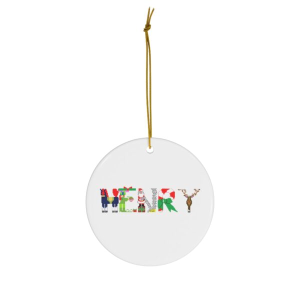 White ceramic ornament with text ‘Henry’ in colourful Christmas themed lettering, with gold hanging loop