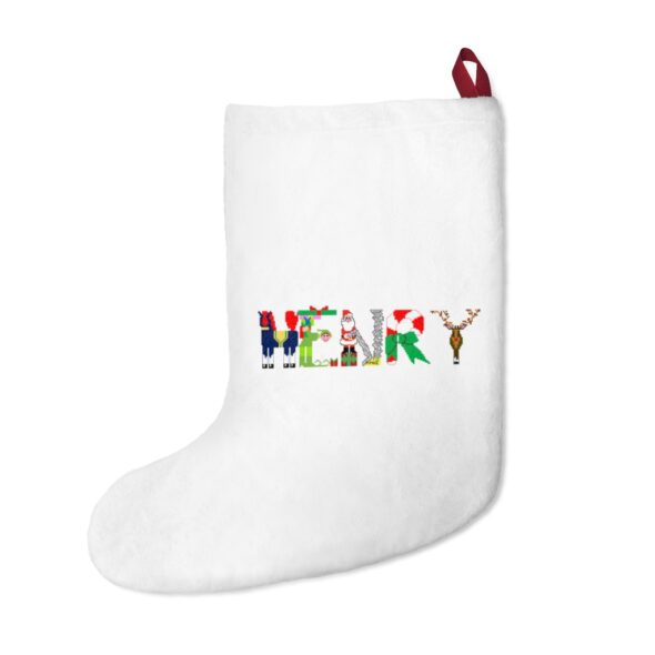 White stocking with text ‘Henry’ in colourful Christmas themed lettering, with red hanging loop