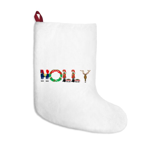White stocking with text ‘Holly’ in colourful Christmas themed lettering, with red hanging loop