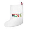 White stocking with text ‘Hope’ in colourful Christmas themed lettering, with red hanging loop