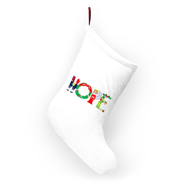 White stocking with text ‘Hope’ in colourful Christmas themed lettering, with red hanging loop