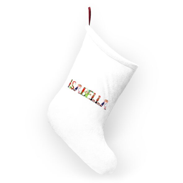 White stocking with text ‘Isabella’ in colourful Christmas themed lettering, with red hanging loop