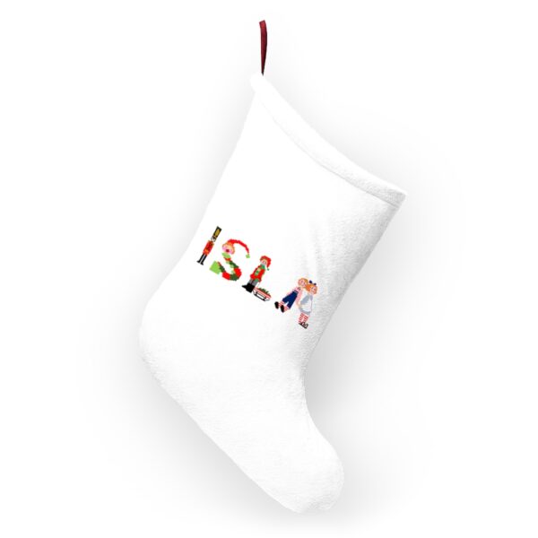 White stocking with text ‘Isla’ in colourful Christmas themed lettering, with red hanging loop
