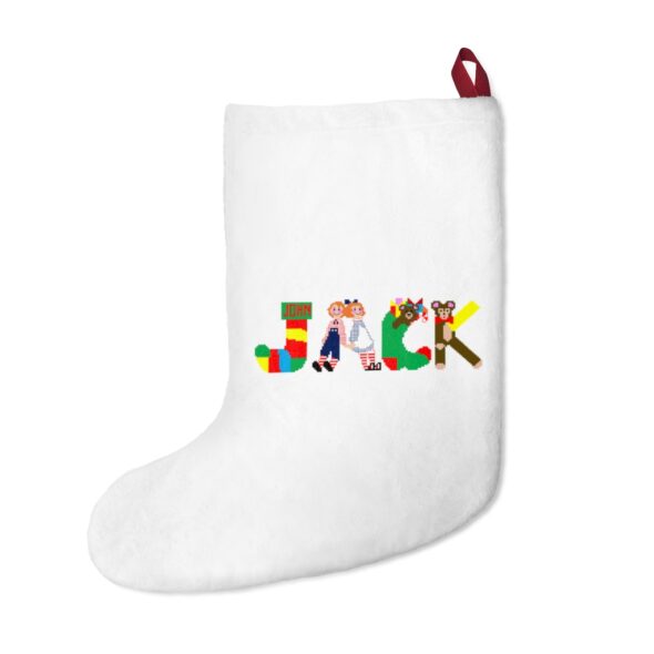 White stocking with text ‘Jack’ in colourful Christmas themed lettering, with red hanging loop