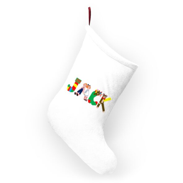 White stocking with text ‘Jack’ in colourful Christmas themed lettering, with red hanging loop