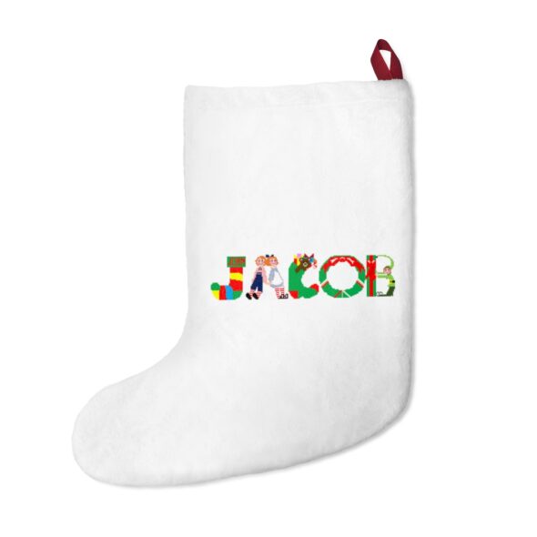 White stocking with text ‘Jacob’ in colourful Christmas themed lettering, with red hanging loop