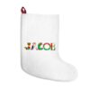 White stocking with text ‘Jacob’ in colourful Christmas themed lettering, with red hanging loop