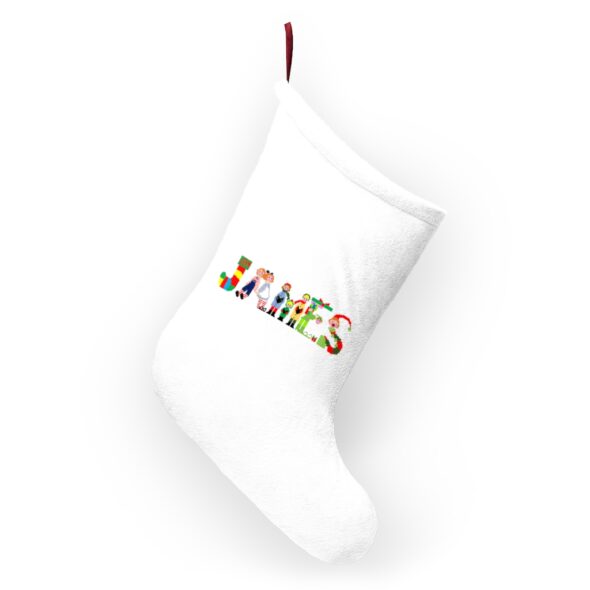 White stocking with text ‘James’ in colourful Christmas themed lettering, with red hanging loop