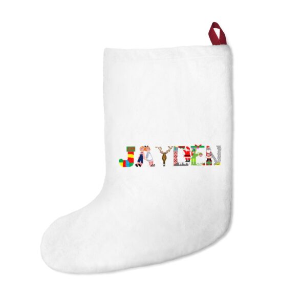 White stocking with text ‘Jayden’ in colourful Christmas themed lettering, with red hanging loop
