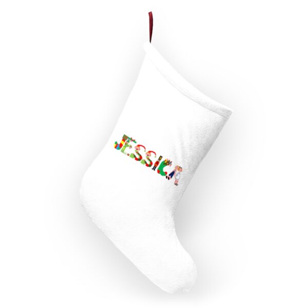 White stocking with text ‘Jessica’ in colourful Christmas themed lettering, with red hanging loop
