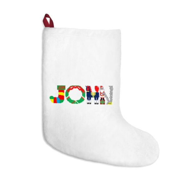 White stocking with text ‘John’ in colourful Christmas themed lettering, with red hanging loop