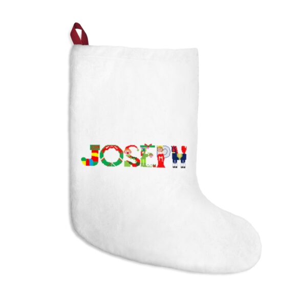 White stocking with text ‘Joseph’ in colourful Christmas themed lettering, with red hanging loop