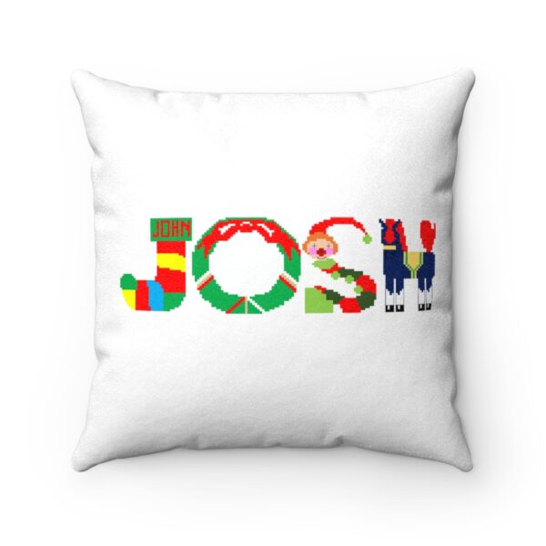 White faux suede cushion with text ‘Josh’ in colourful Christmas themed lettering