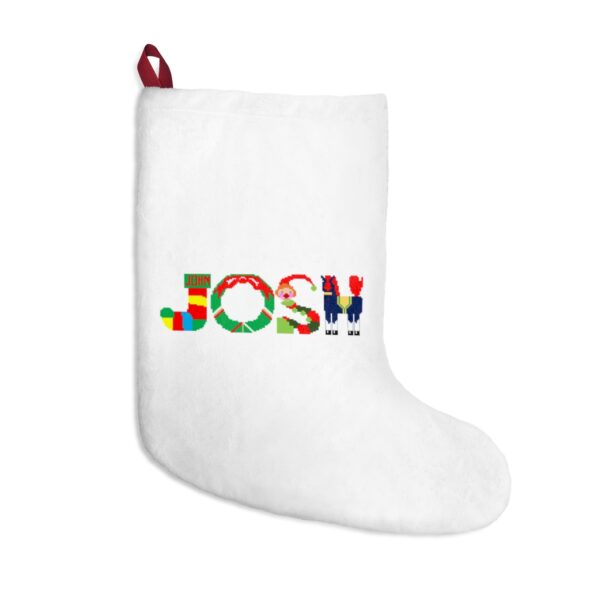 White stocking with text ‘Josh’ in colourful Christmas themed lettering, with red hanging loop
