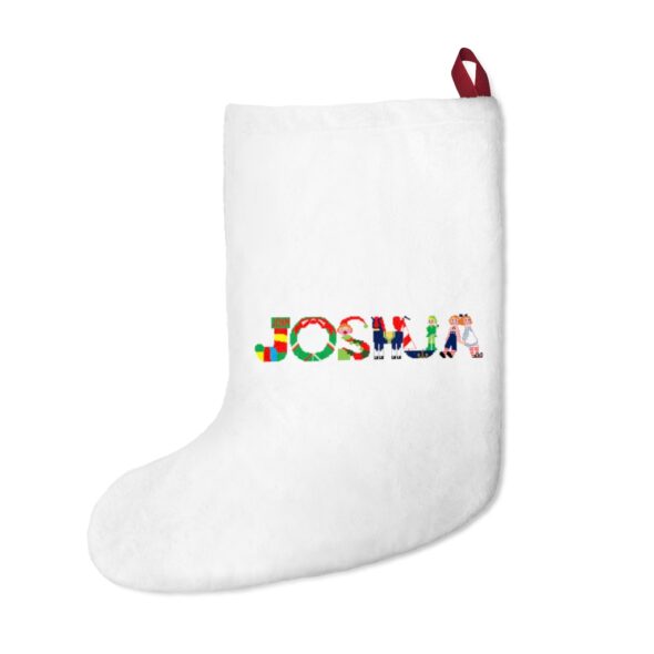 White stocking with text ‘Joshua’ in colourful Christmas themed lettering, with red hanging loop
