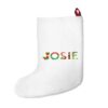 White stocking with text ‘Josie’ in colourful Christmas themed lettering, with red hanging loop