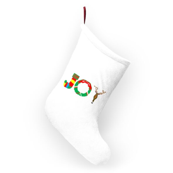 White stocking with text ‘Joy’ in colourful Christmas themed lettering, with red hanging loop
