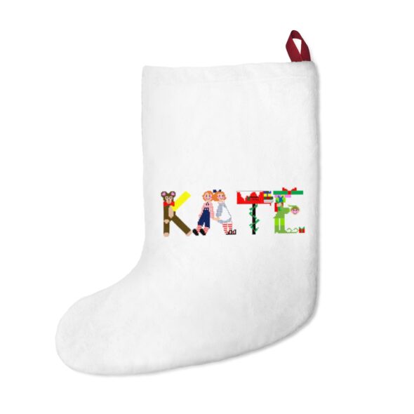 White stocking with text ‘Kate’ in colourful Christmas themed lettering, with red hanging loop