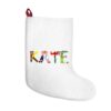White stocking with text ‘Kate’ in colourful Christmas themed lettering, with red hanging loop