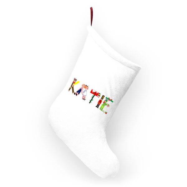 White stocking with text ‘Katie’ in colourful Christmas themed lettering, with red hanging loop
