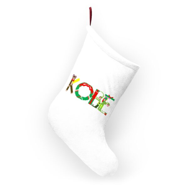 White stocking with text ‘Kobe’ in colourful Christmas themed lettering, with red hanging loop