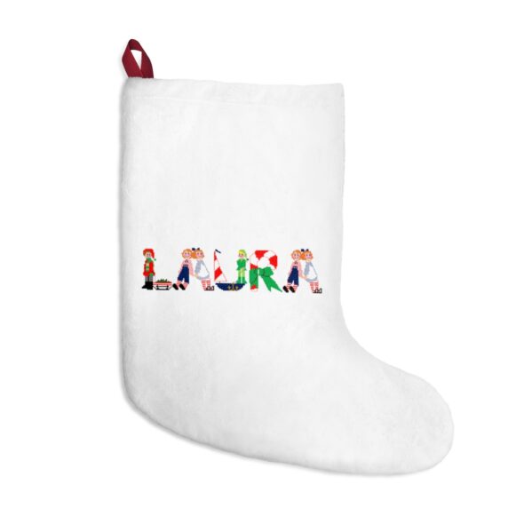 White stocking with text ‘Laura’ in colourful Christmas themed lettering, with red hanging loop