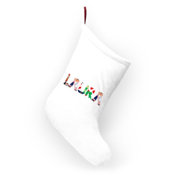 White stocking with text ‘Laura’ in colourful Christmas themed lettering, with red hanging loop