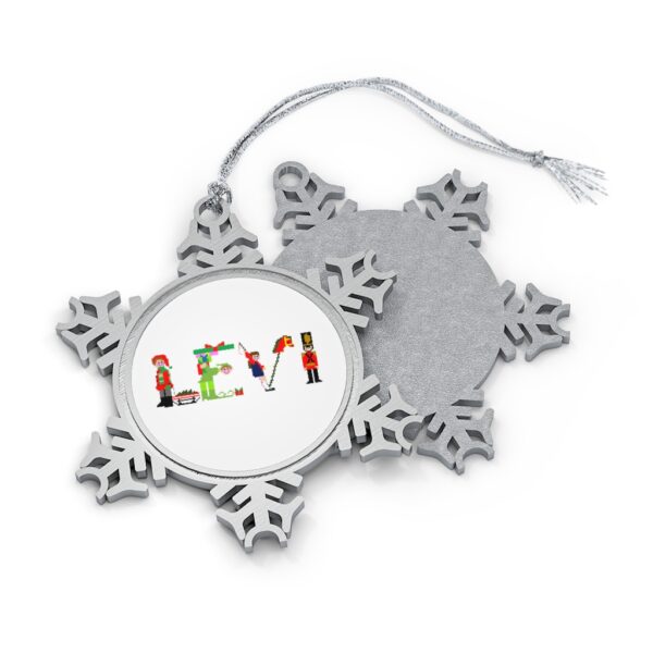 Silver-toned snowflake ornament with white insert with text ‘Levi’ in colourful Christmas themed lettering, with silver hanging loop