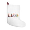 White stocking with text ‘Liam’ in colourful Christmas themed lettering, with red hanging loop