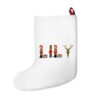 White stocking with text ‘Lily’ in colourful Christmas themed lettering, with red hanging loop