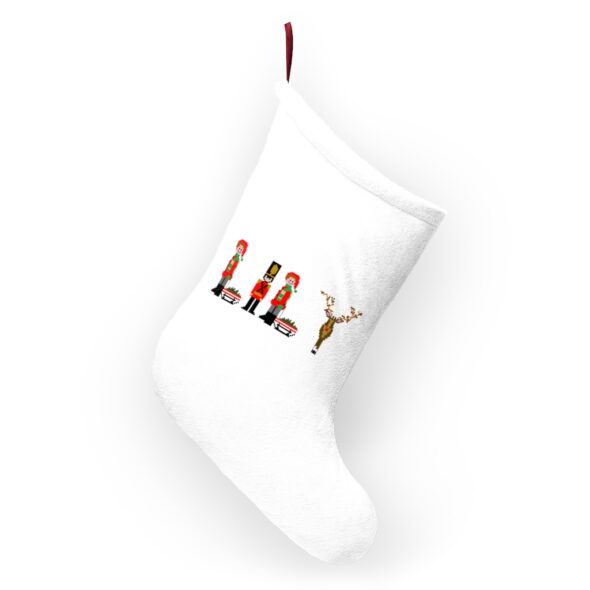 White stocking with text ‘Lily’ in colourful Christmas themed lettering, with red hanging loop