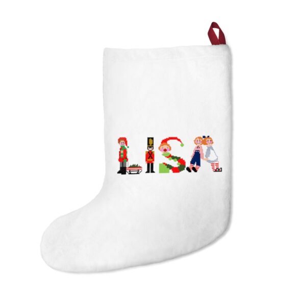 White stocking with text ‘Lisa’ in colourful Christmas themed lettering, with red hanging loop