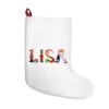 White stocking with text ‘Lisa’ in colourful Christmas themed lettering, with red hanging loop