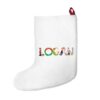 White stocking with text ‘Logan’ in colourful Christmas themed lettering, with red hanging loop
