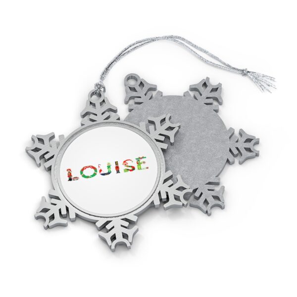 Silver-toned snowflake ornament with white insert with text ‘Louise’ in colourful Christmas themed lettering, with silver hanging loop