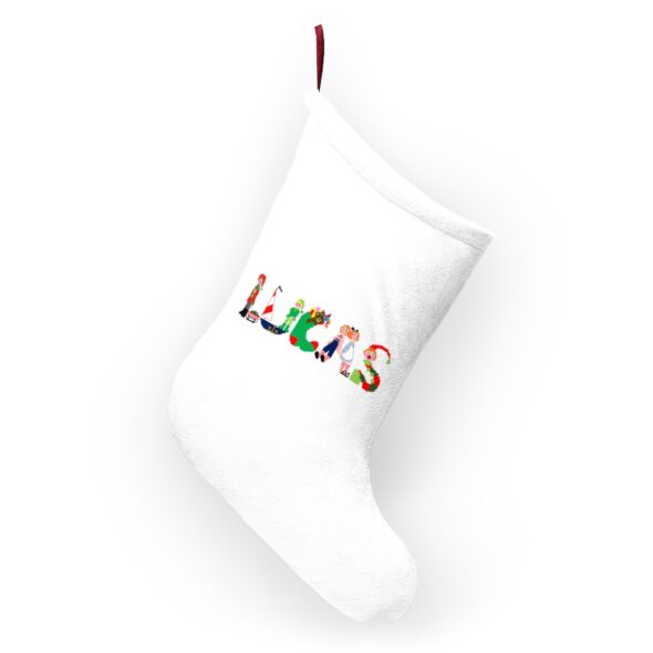 White stocking with text ‘Lucas’ in colourful Christmas themed lettering, with red hanging loop