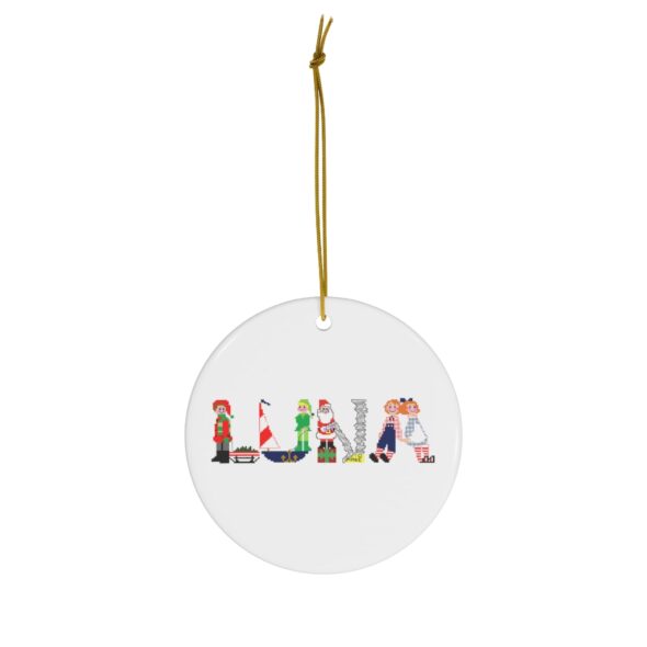 White ceramic ornament with text ‘Luna’ in colourful Christmas themed lettering, with gold hanging loop