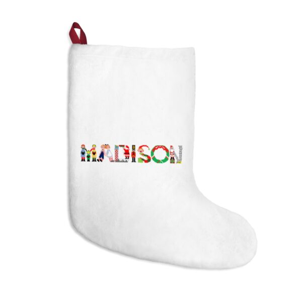 White stocking with text ‘Madison’ in colourful Christmas themed lettering, with red hanging loop