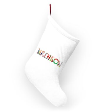 White stocking with text ‘Madison’ in colourful Christmas themed lettering, with red hanging loop