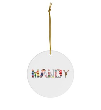 White ceramic ornament with text ‘Mandy’ in colourful Christmas themed lettering, with gold hanging loop