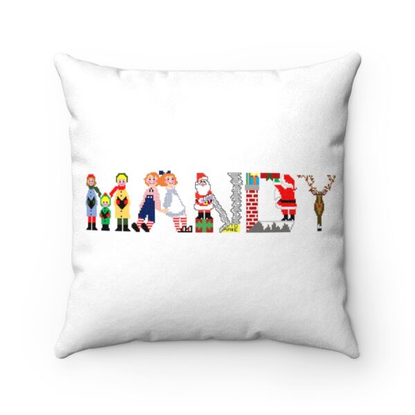 White faux suede cushion with text ‘Mandy’ in colourful Christmas themed lettering