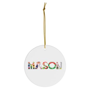 White ceramic ornament with text ‘Mason’ in colourful Christmas themed lettering, with gold hanging loop