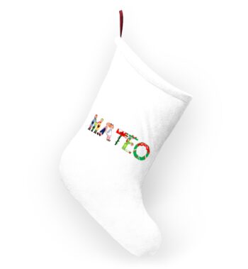 White stocking with text ‘Mateo’ in colourful Christmas themed lettering, with red hanging loop