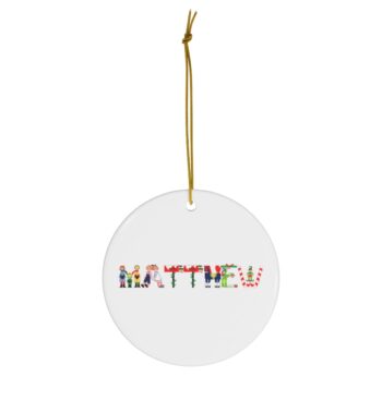 White ceramic ornament with text ‘Matthew’ in colourful Christmas themed lettering, with gold hanging loop